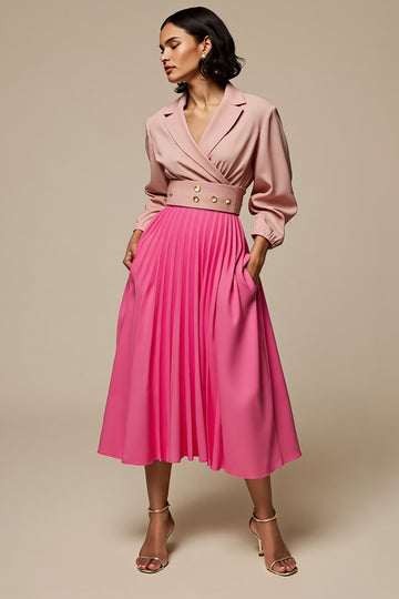 Fuchsia V-Neck Work Dress with Long Sleeves